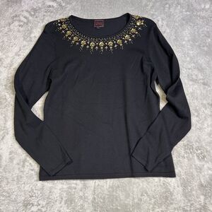 Colour Works Jeweled Rhinestone Shirt Womens Medium Black Viscose Long Sleeve